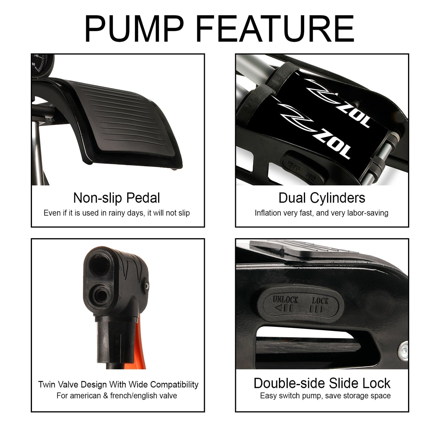 Zol Double Barrel Bike Floor Foot Pump ,Portable Air Pump Inflator Pump with 160PSI Precision Pressure Gauge Fits Presta Schrader and Deutschland Valve for Bicycle