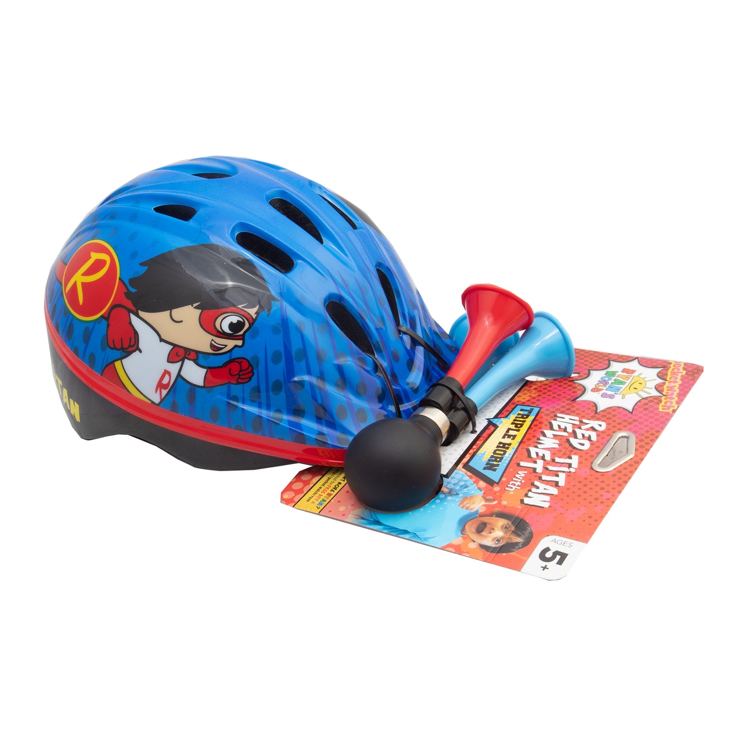 Ryan's World Red Titan Bike Helmet, Triple Horn (Kids Ages 5+)