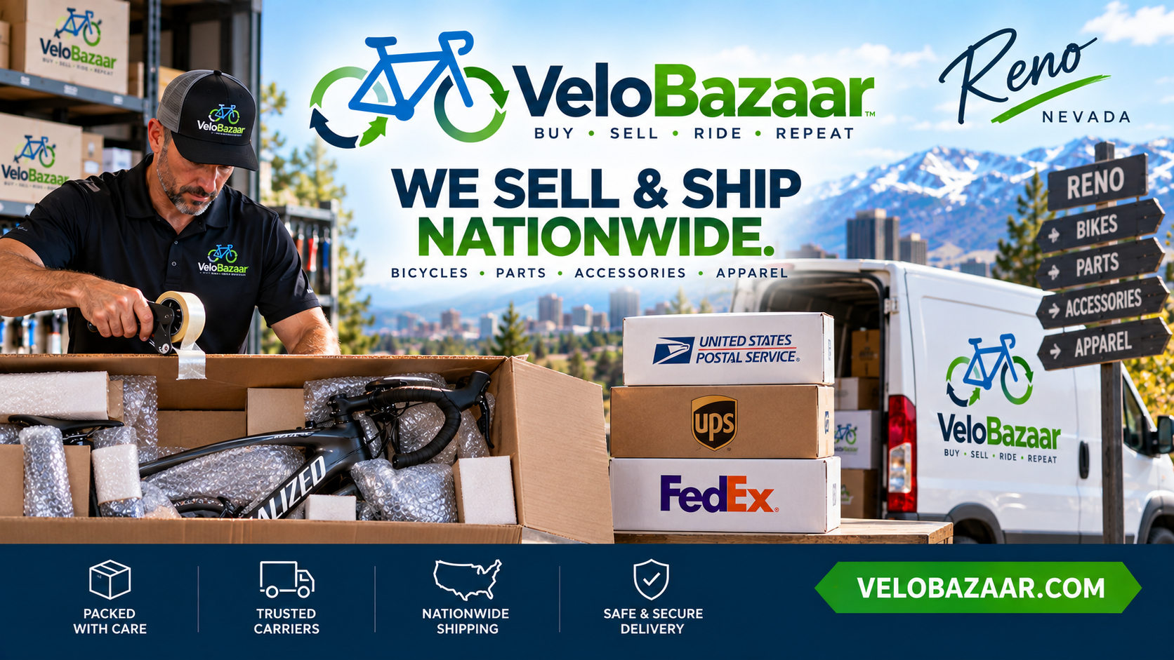 VeloBazaar promotional illustration of a bicycle being carefully packed for nationwide shipping